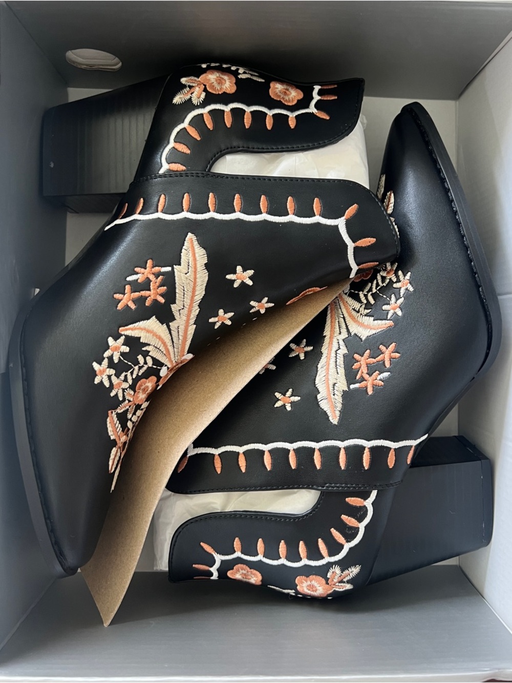Black Ankle Booties with Peach/Orange and cream embroidery detail